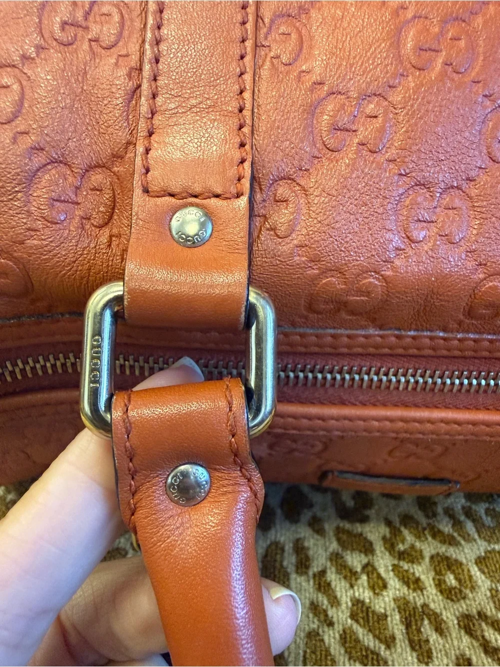 💯Authentic! GUCCI GG Guccissima Medium Joy Boston Bag Brown/Orange/Rust Leather
